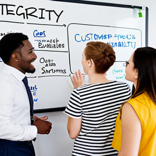 **Image Prompt:** A diverse group of employees brainstorming in a bright, modern office. The whiteboard is filled with words like "Integrity," "Sustainability," "Customer Focus," and "Innovation." The atmosphere is collaborative and energetic, reflecting strong employee engagement and values alignment.