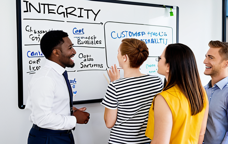 **Image Prompt:** A diverse group of employees brainstorming in a bright, modern office. The whiteboard is filled with words like "Integrity," "Sustainability," "Customer Focus," and "Innovation." The atmosphere is collaborative and energetic, reflecting strong employee engagement and values alignment.