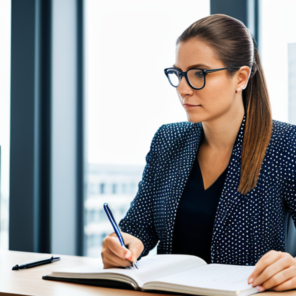 가치 기반 의사결정에서의 프레임워크 활용 - **Prompt:** A businesswoman in a modern office thoughtfully journaling about her values and career g...