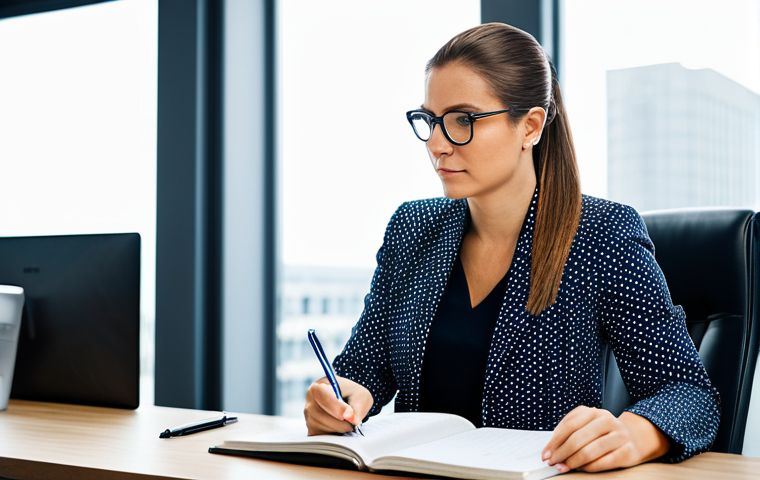 가치 기반 의사결정에서의 프레임워크 활용 - **Prompt:** A businesswoman in a modern office thoughtfully journaling about her values and career g...