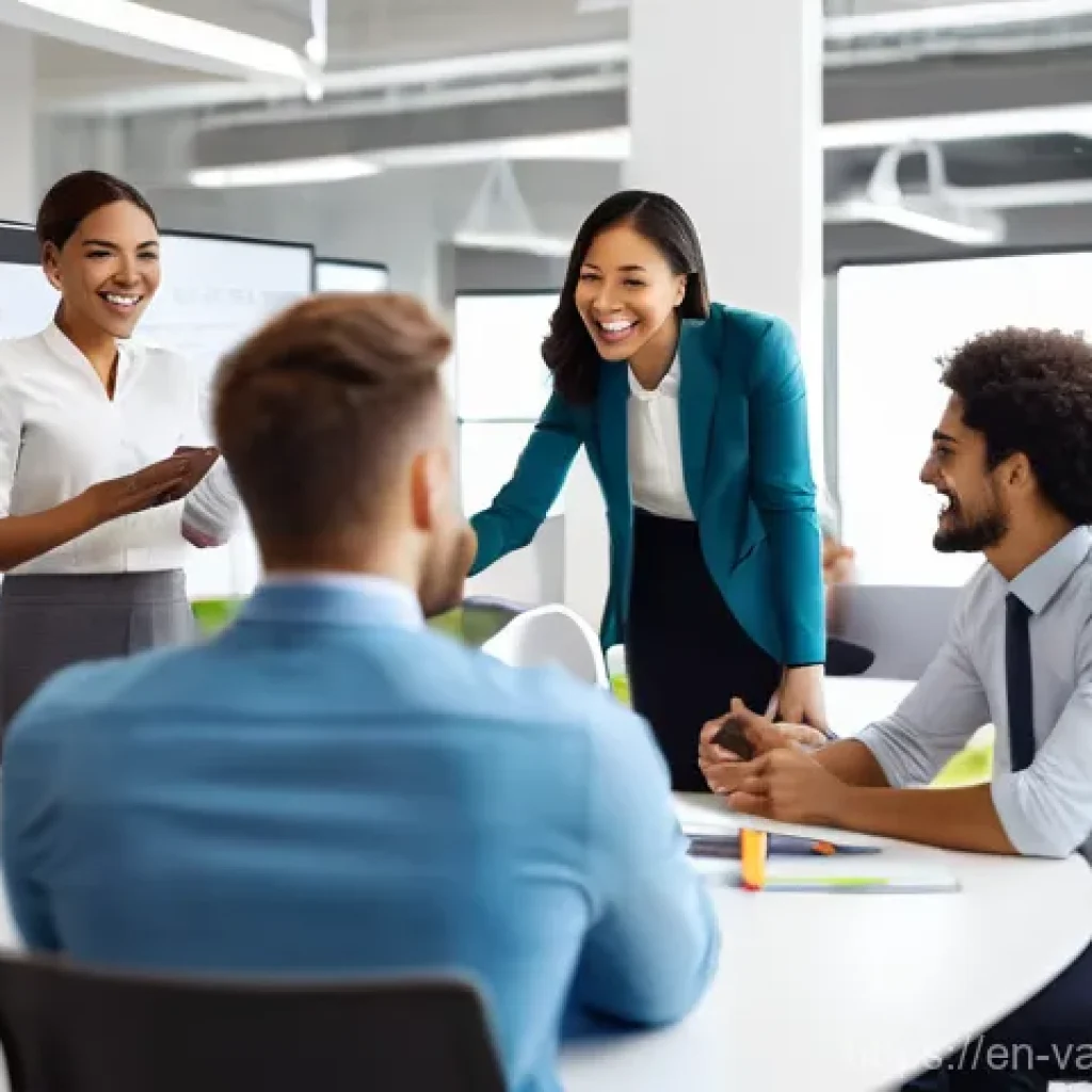 비즈니스 전략과 가치 기반 의사결정의 연계 - **Prompt: Empowering Team Collaboration & Core Values**
A vibrant, photo-realistic image depicti...
