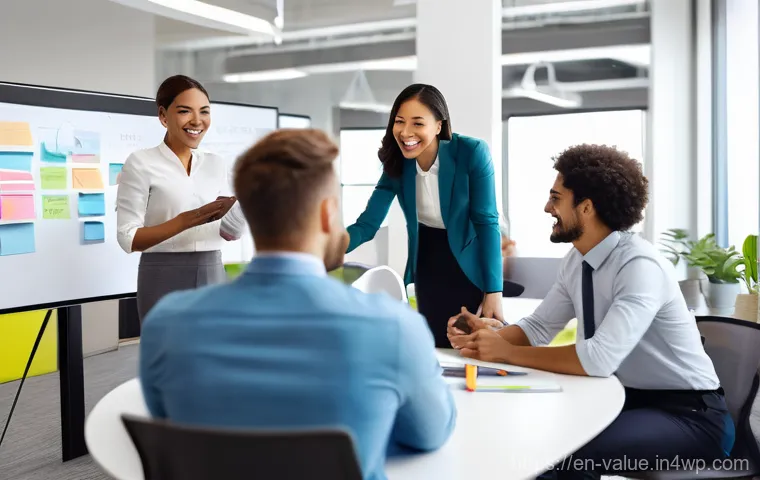 비즈니스 전략과 가치 기반 의사결정의 연계 - **Prompt: Empowering Team Collaboration & Core Values**
A vibrant, photo-realistic image depicti...