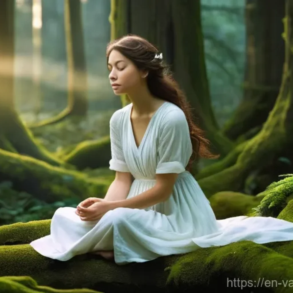 가치 기반 의사결정에서의 직관과 분석의 균형 - **Prompt for "The Whispers of Wisdom: Tuning into Your Intuition"**:
A serene young woman, dress...